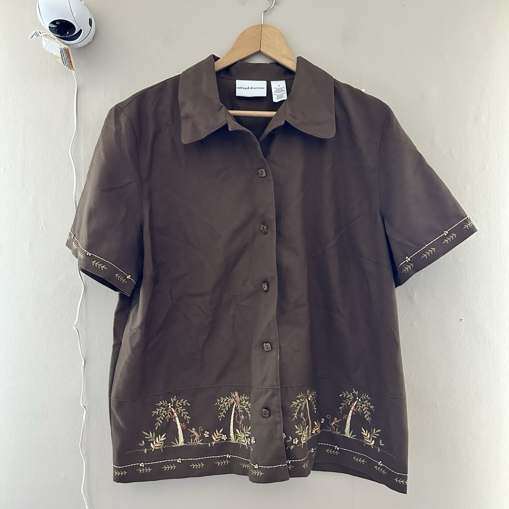 Alfred Dunner Womens Button Up Shirt Size 14 Brown Tropical Palm Trees Resort